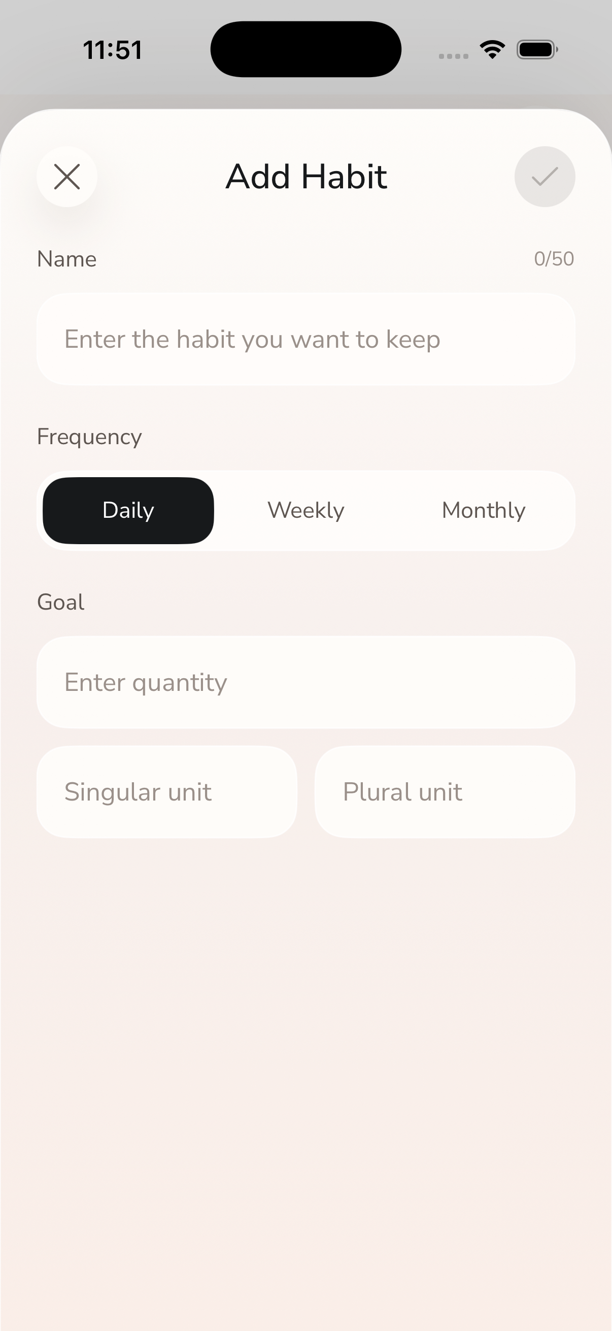 Habitor add habit sheet for choosing tracking goals and units
